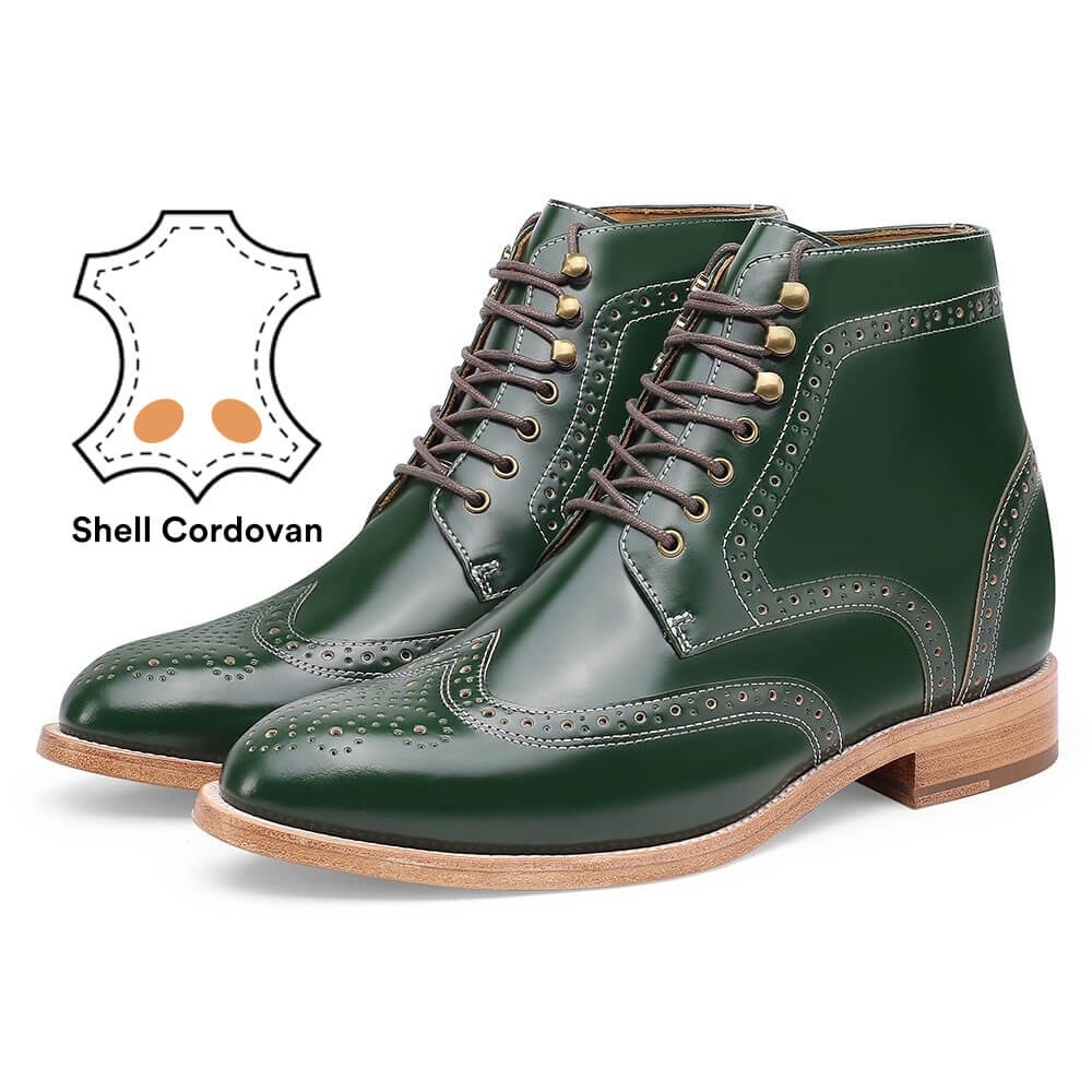 Zapatos con altura creciente cordovan con concha - Botas altas para hombre con brogue verde - Botas de punta de ala hechas a mano para hombre 9 cm/3,54 pulgadas