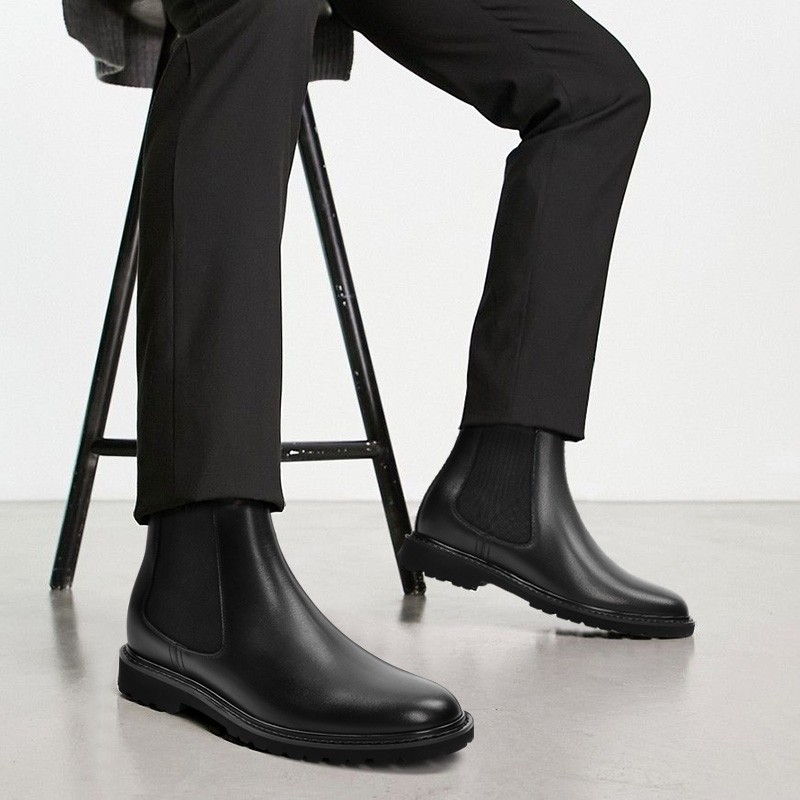 Botas Chelsea de Cuero Negro para Hombre 3.15 Pulgadas / 8CM