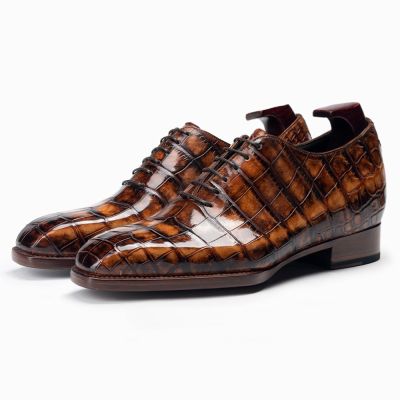 Zapatos formales de vestir para hombre CMR CHAMARIPA con alza de 6 cm / 2,36 pulgadas | Zapatos Oxford de piel de cocodrilo americano marrón con suela de diseño clásico.