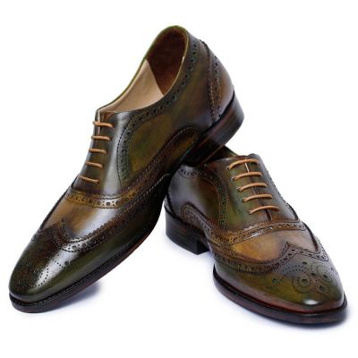 Chamaripa zapatos con alzas para hombres  - Oxford brogue con punta de ala - verde - 7 CM Más Alto