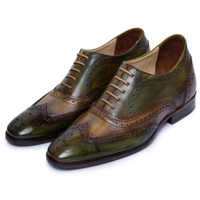 Chamaripa zapatos con alzas para hombres  - Oxford brogue con punta de ala - verde - 7 CM Más Alto