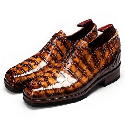 Zapatos de vestir con alza para hombre CMR CHAMARIPA, 6 cm / 2,36 pulgadas | Zapatos Oxford de cuero de cocodrilo del Nilo marrón con construcción Goodyear Welt.