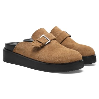 Mules de 6 cm (2,36 pulgadas) para hombre | Sandalias gruesas de ante marrón y piel de becerro