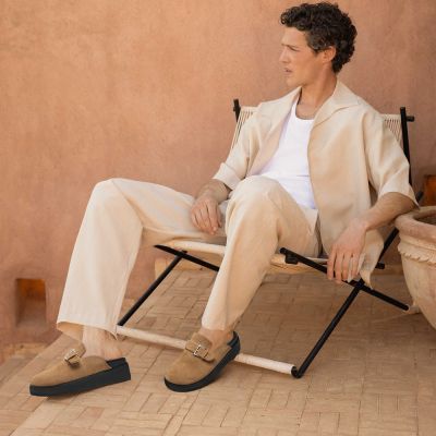Mules de 6 cm (2,36 pulgadas) para hombre | Sandalias gruesas de ante marrón y piel de becerro