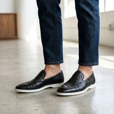 CMR CHAMARIPA Zapatos que Hacen Más Alto al Hombre | Mocasines Slip-On de Cuero de Avestruz Negro 5 CM