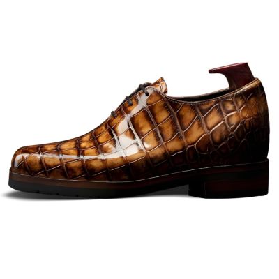 Zapatos de vestir con alza para hombre CMR CHAMARIPA, 6 cm / 2,36 pulgadas | Zapatos Oxford de cuero de cocodrilo del Nilo marrón con construcción Goodyear Welt.