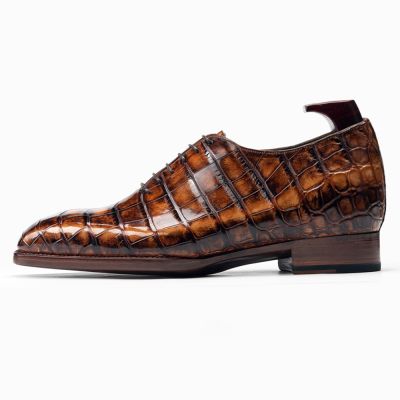 Zapatos formales de vestir para hombre CMR CHAMARIPA con alza de 6 cm / 2,36 pulgadas | Zapatos Oxford de piel de cocodrilo americano marrón con suela de diseño clásico.