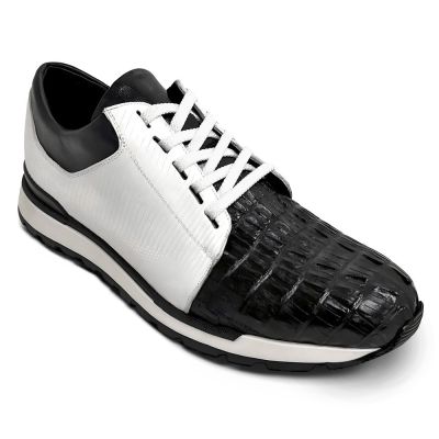 zapatos alzas para hombres - zapatillas deportivas informales con alzas de piel de cocodrilo/lagarto/becerro en blanco y negro de 7CM