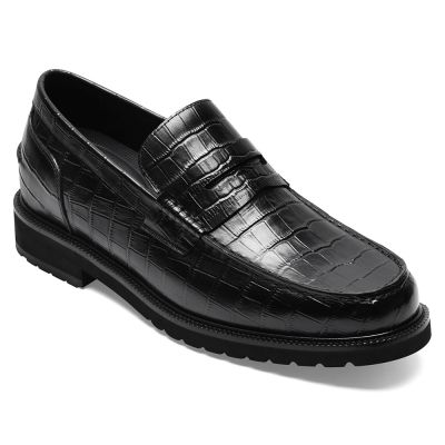 CMR CHAMARIPA Mocasines con alzas para hombre | Mocasines Penny de cuero con grabado de cocodrilo negro 6 cm