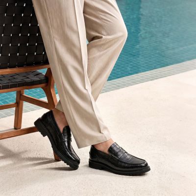 CMR CHAMARIPA Mocasines con alzas para hombre | Mocasines Penny de cuero con grabado de cocodrilo negro 6 cm