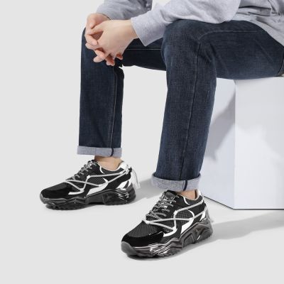 zapatos con alzas - Zapatillas casual de hombre transpirables negras hechas a mano 7cm