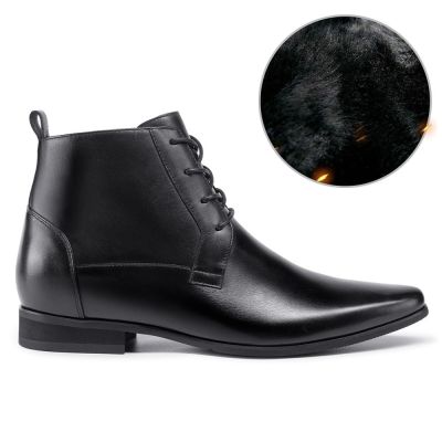 zapatos mas altos - zapatos para parecer mas alto - Botas de trabajo con alzas de cuero negro forradas de piel cálida 7 CM