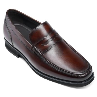 Calzado Con Alzas De Vestir Hombre – Mocasines Cuero Marrón 6cm