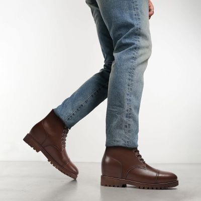 zapatos con alzas hombre - Botas de hombre marrones personalizadas de lujo hechas a mano 7CM