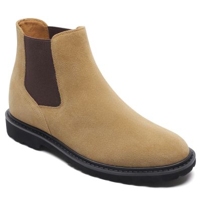 botas hombre tacon alto - Botas Chelsea de piel de ante marrón 8CM