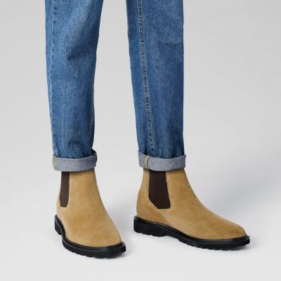 botas hombre tacon alto - Botas Chelsea de piel de ante marrón 8CM