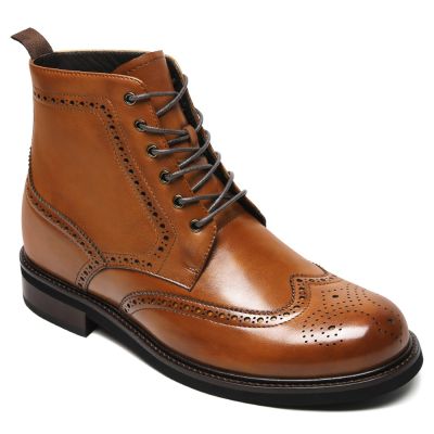 CMR CHAMARIPA Botas de vestir para hombre con tacón alto - Botas brogue de piel envejecida marrón 8 cm