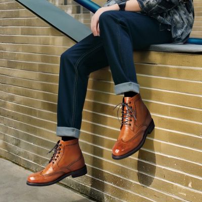 CMR CHAMARIPA Botas de vestir para hombre con tacón alto - Botas brogue de piel envejecida marrón 8 cm