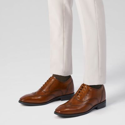 zapatos de vestir hombre altos - zapatos de vestir oxford con punta de ala de cuero marrón de 6cm