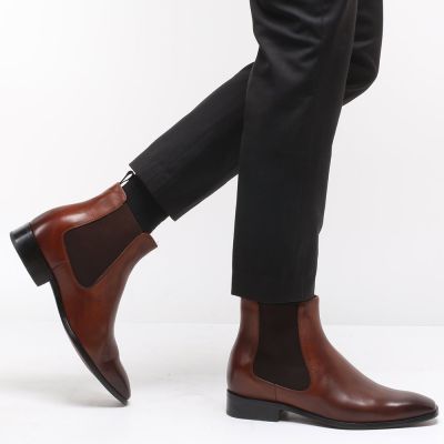 Zapatos con Alzas Hombre – Botines Chelsea de Cuero Marrón con Cremallera 7cm