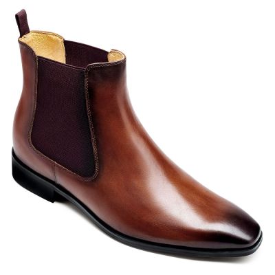 Zapatos con Alzas Hombre – Botines Chelsea de Cuero Marrón con Cremallera 7cm
