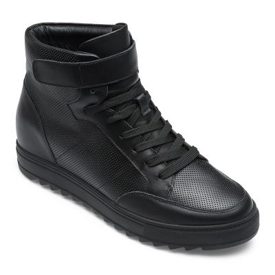 Deportivas con alzas hombre – zapatillas altas antideslizantes de cuero negro 7cm