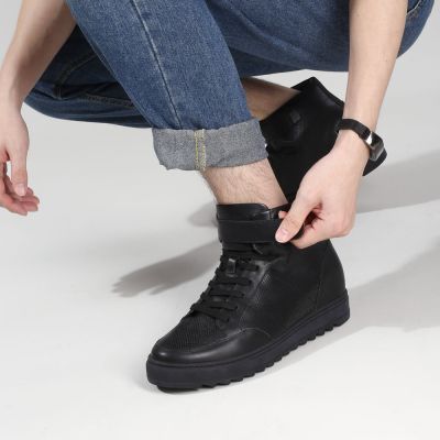 Deportivas con alzas hombre – zapatillas altas antideslizantes de cuero negro 7cm