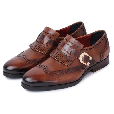 CHAMARIPA aumentar estatura zapatos - correa de monje kiltie brogue con punta de ala - marrón - 7CM más alto