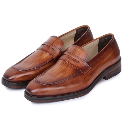 CHAMARIPA zapatos con alzas para hombres  - mocasines de centavo hechos a mano - Tan - 7 CM más alto