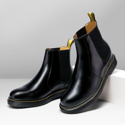 zapatos con alzas - zapatos plataforma hombre - botas altas de hombre chelsea de cuero negro 7 CM