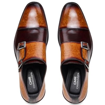 CHAMARIPA zapatos con alzas para hombres - Hecha a mano con doble correa de monje en la puntera - tostado y marrón - 7 CM más alto