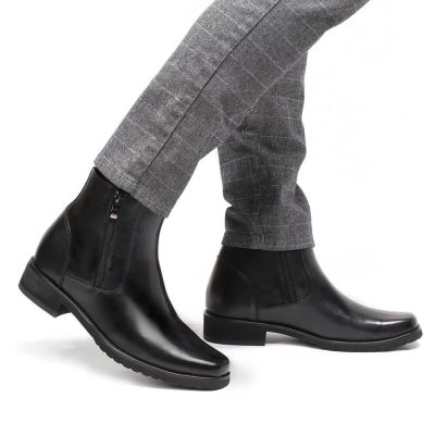 8cm Botas con Alzas Hombre - Botas de Cuero Negras con Cremallera