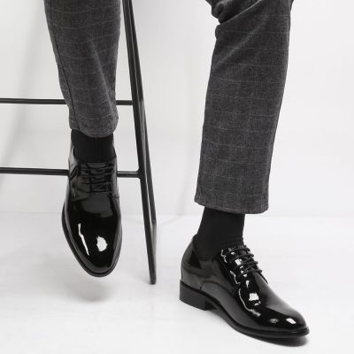 Zapatos de vestir hombre con alzas – Derby de charol marrón con elevación de 8 cm