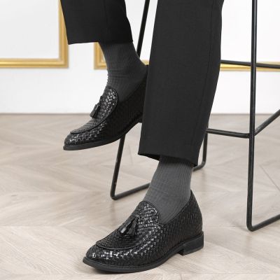 CHAMARIPA zapatos con alzas para hombre - zapatos con plataforma hombre - negro cuero tejido mocasines 8 CM Más Alto
