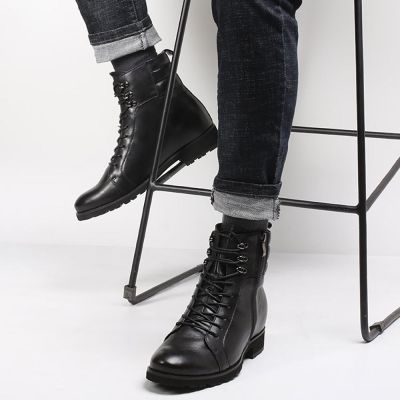 Botas Hombre Negras Patean el aumento de la altura - Botas de la motocicleta del cuero - 8 CM Más Alto