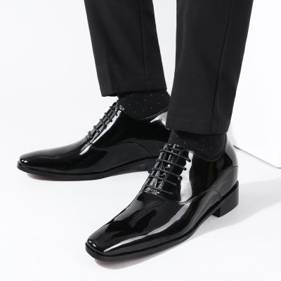CMR CHAMARIPA Zapatos de esmoquin con alza  negros brillantes de charol, que aumentan la estatura 7 cm