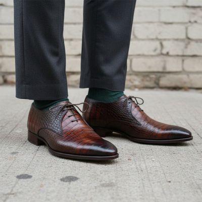 CMR CHAMARIPA Zapatos de aumento de estatura para hombre | Zapatos Oxford marrones con textura de cocodrilo 7 CM