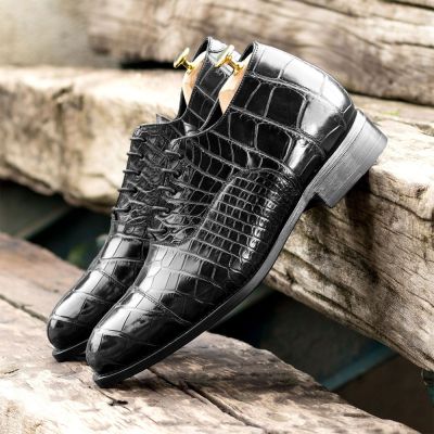 CMR CHAMARIPA Zapatos de altura para hombre | Zapatos Oxford negros con textura de cocodrilo 7 CM