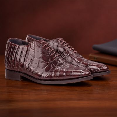CMR CHAMARIPA Zapatos con alza para hombre | Zapatos Oxford burdeos con textura de cocodrilo 7 CM