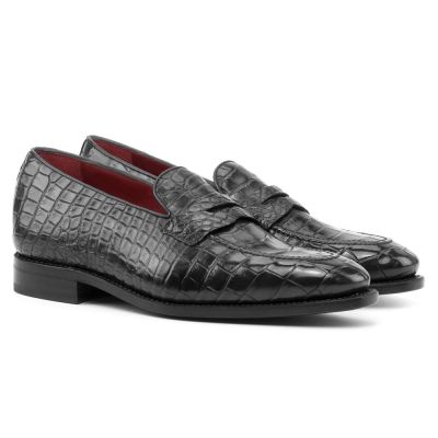 CMR CHAMARIPA Zapatos de altura para hombre | Mocasines Penny negros con textura de cocodrilo 5 CM