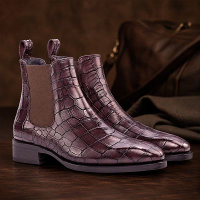 CMR CHAMARIPA Botas con alza para hombre | Botines Chelsea burdeos con textura de cocodrilo 7 CM