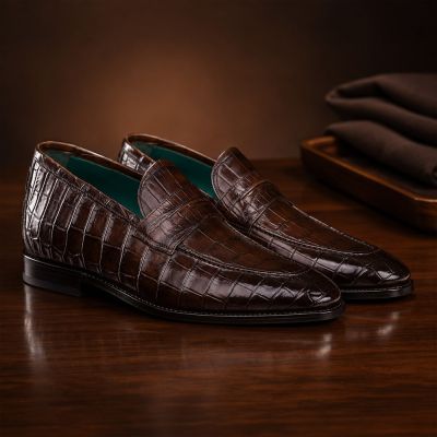CMR CHAMARIPA Zapatos para aumentar estatura hombre | Mocasines Penny marrón oscuro con textura de cocodrilo 5 CM