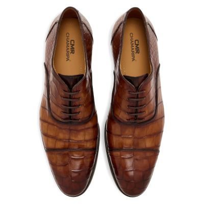 CMR CHAMARIPA Zapatos para aumentar estatura para hombre | Zapatos Oxford marrones con textura de cocodrilo 7 CM