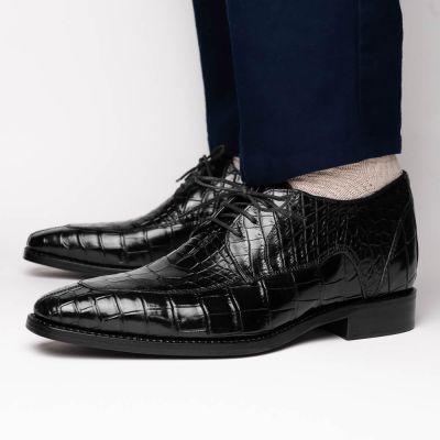 CMR CHAMARIPA Zapatos elevadores para hombre | Zapatos Derby negros con textura de cocodrilo 7 CM