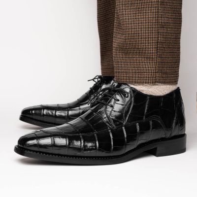 CMR CHAMARIPA Zapatos para aumentar la altura hombre | Zapatos Derby negros con textura de cocodrilo 7 CM