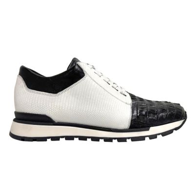 zapatos alzas para hombres - zapatillas deportivas informales con alzas de piel de cocodrilo/lagarto/becerro en blanco y negro de 7CM