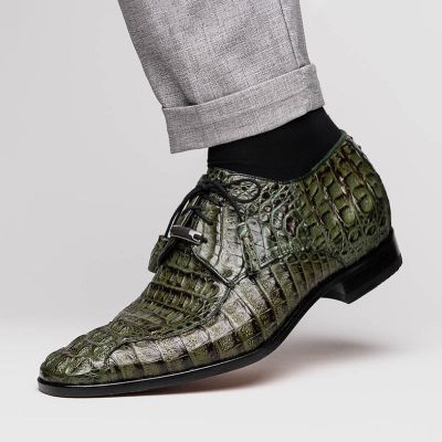 zapatos de vestir hombre altos- zapatos derby de cocodrilo exótico verde 7CM
