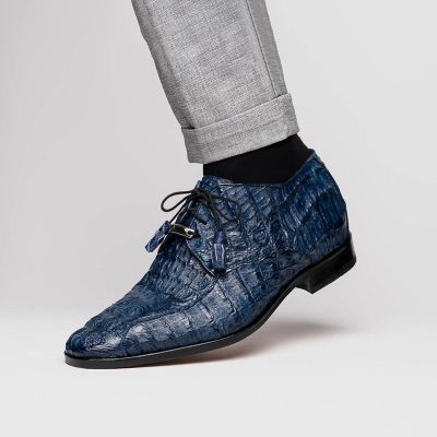 zapatos de vestir hombre altos - zapatos derby de piel de cocodrilo exótica azul marino 7CM