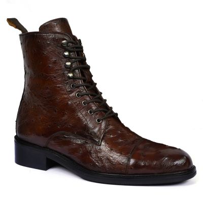 CMR CHAMARIPA Botas con Alzas para Hombre | Botas de Cuero de Avestruz Color Coñac 7 CM
