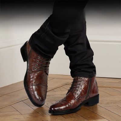 CMR CHAMARIPA Botas con Alzas para Hombre | Botas de Cuero de Avestruz Color Coñac 7 CM